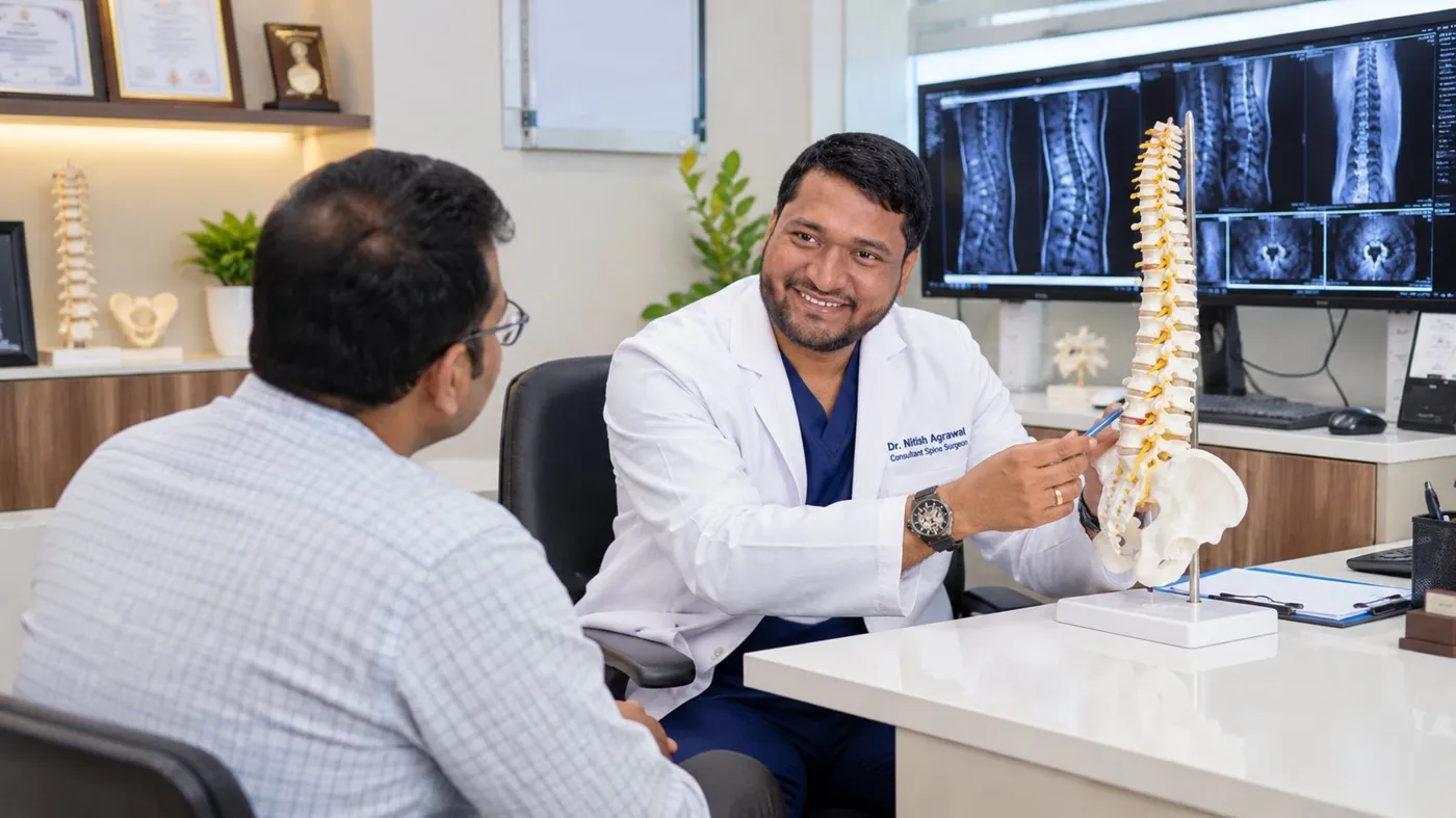 Dr. Nitish Agarwal explaining a spine model to a patient